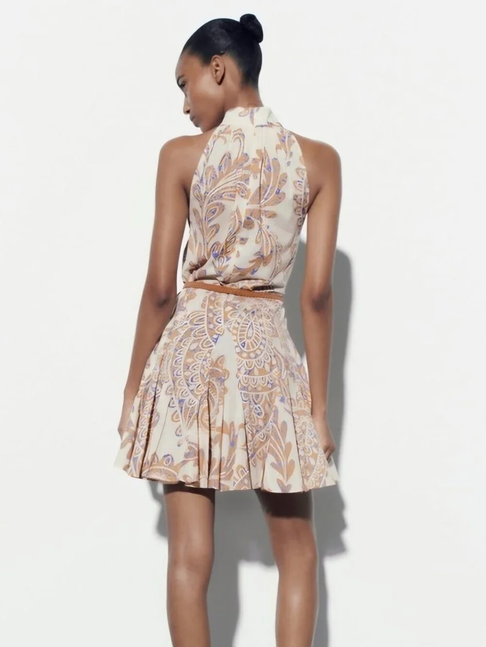 Zara Boho Cream Paisley Sleeveless Mini Dress Rope Belt Crochet Buttons, Size M